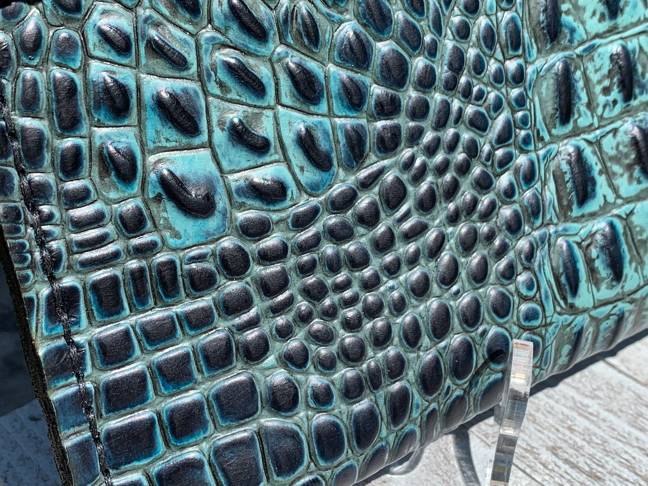 Black and Turquoise Crocodile Embossed Print Clutch Leather Purse