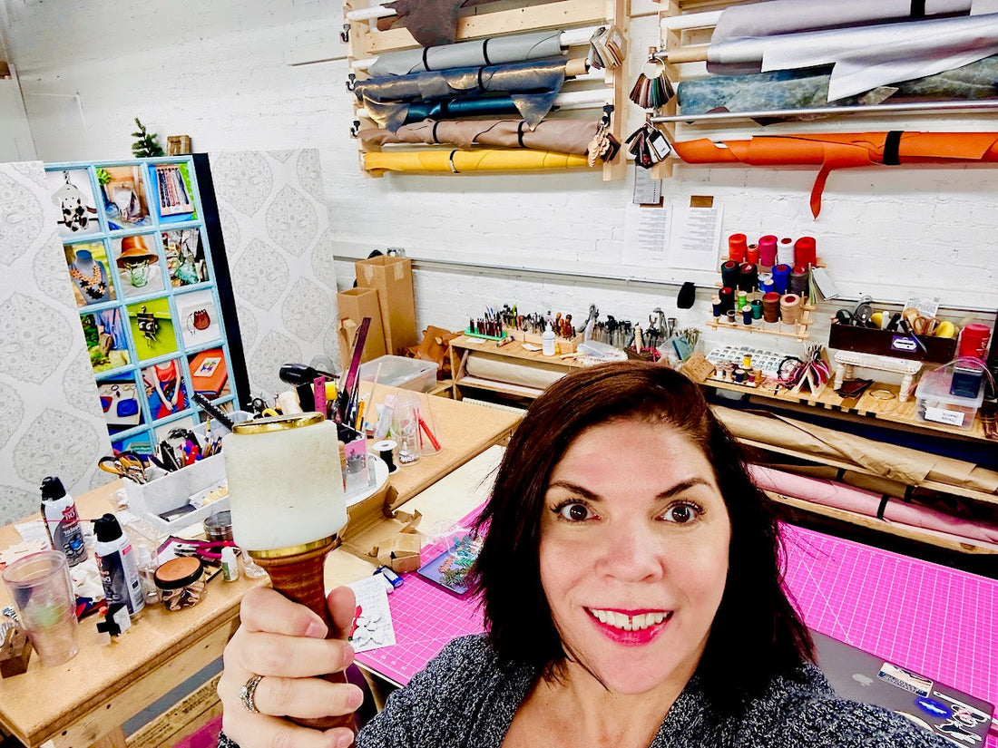 Undercover Popular Leather Goods artist Elizabeth O'Leary in the Elkhart, IN leather studio