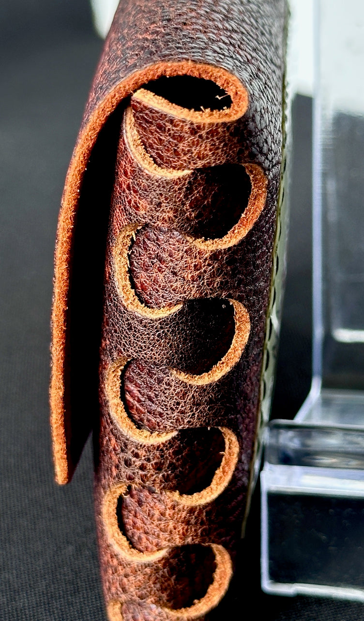 Close-up of a brown leather wallet with interlocked side.