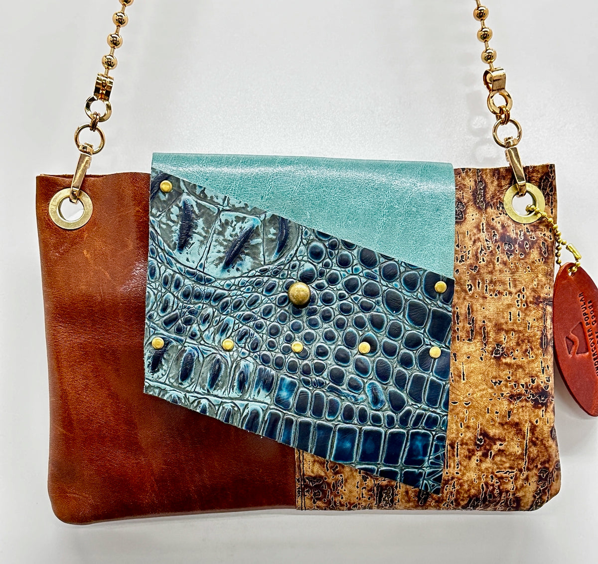 Front side of color blocked leather purse