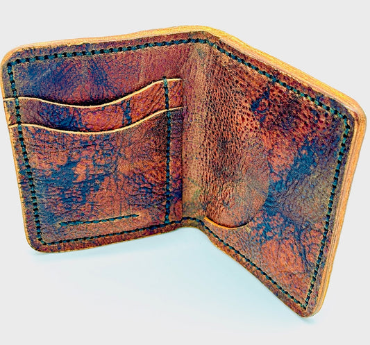 Distressed Cavalo Brown leather wallet inside view with black stitching 