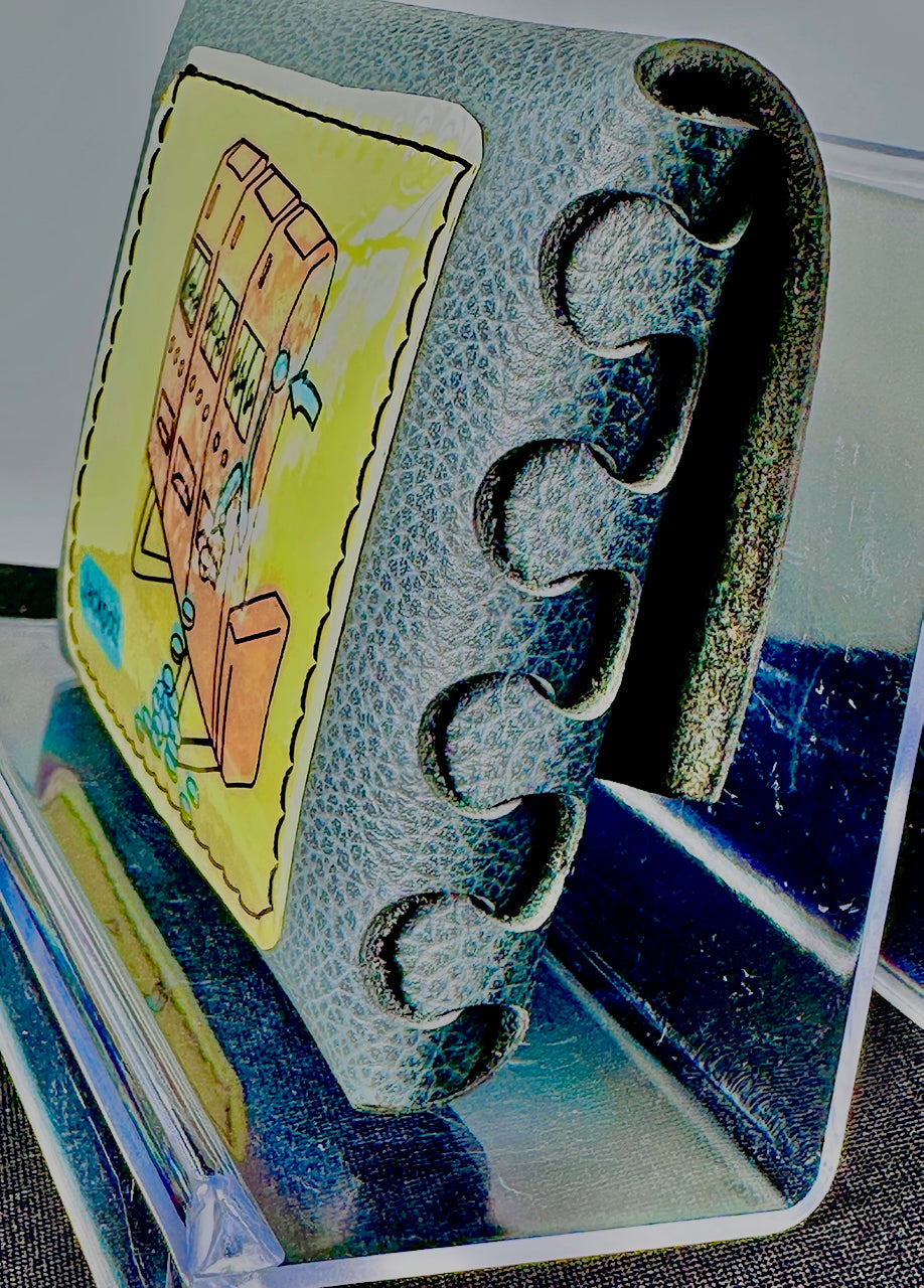 Blue leather wallet with a colorful illustration of a jackpot machine
