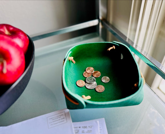 Large Leather Valet Trinket Tray with Cording