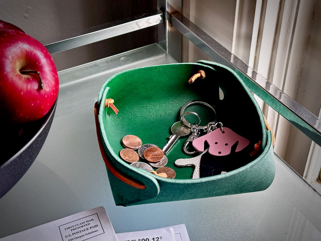 Large Leather Valet Trinket Tray with Cording