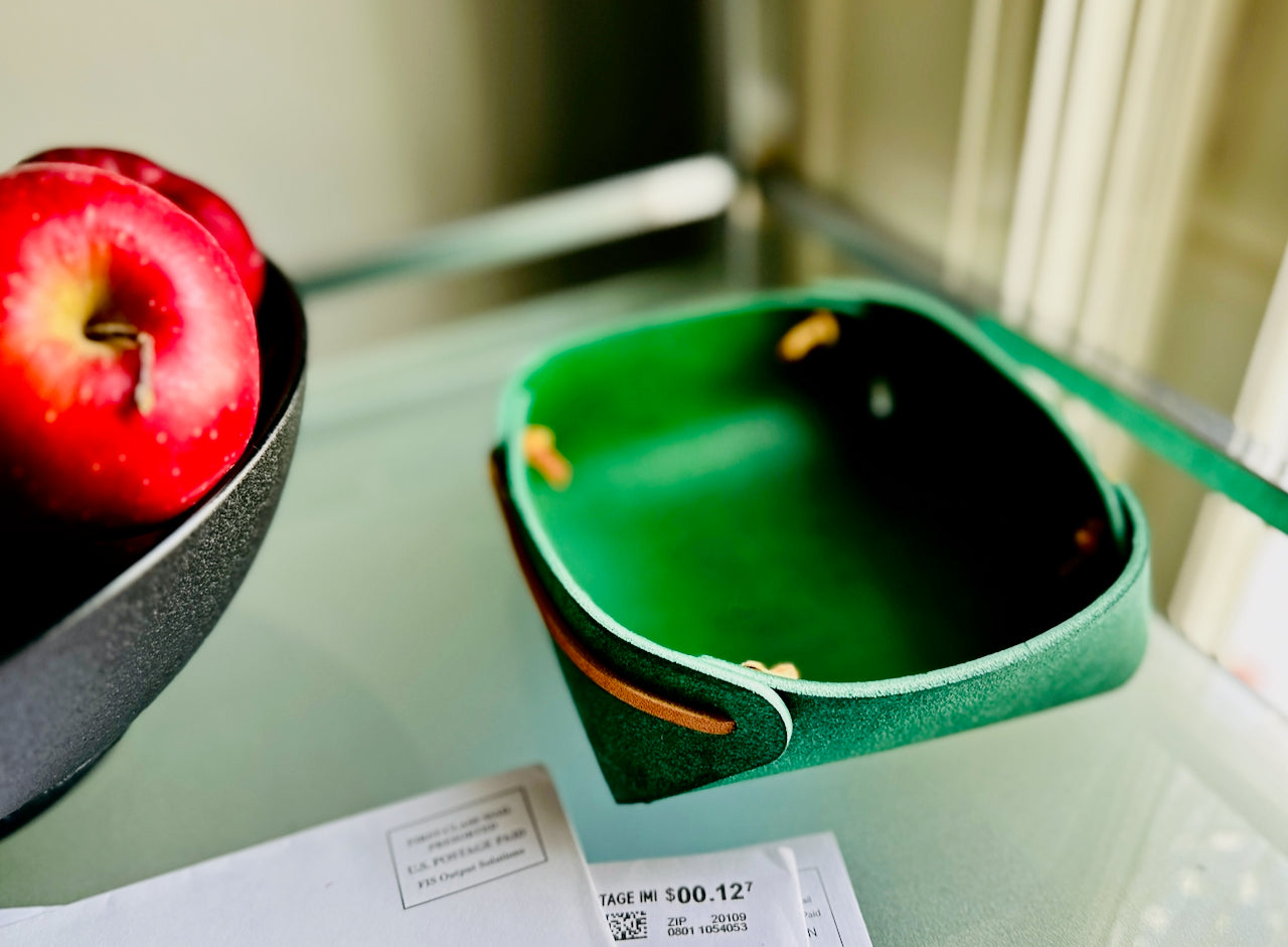 Large Leather Valet Trinket Tray with Cording