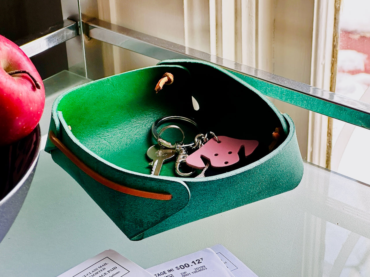 Large Leather Valet Trinket Tray with Cording