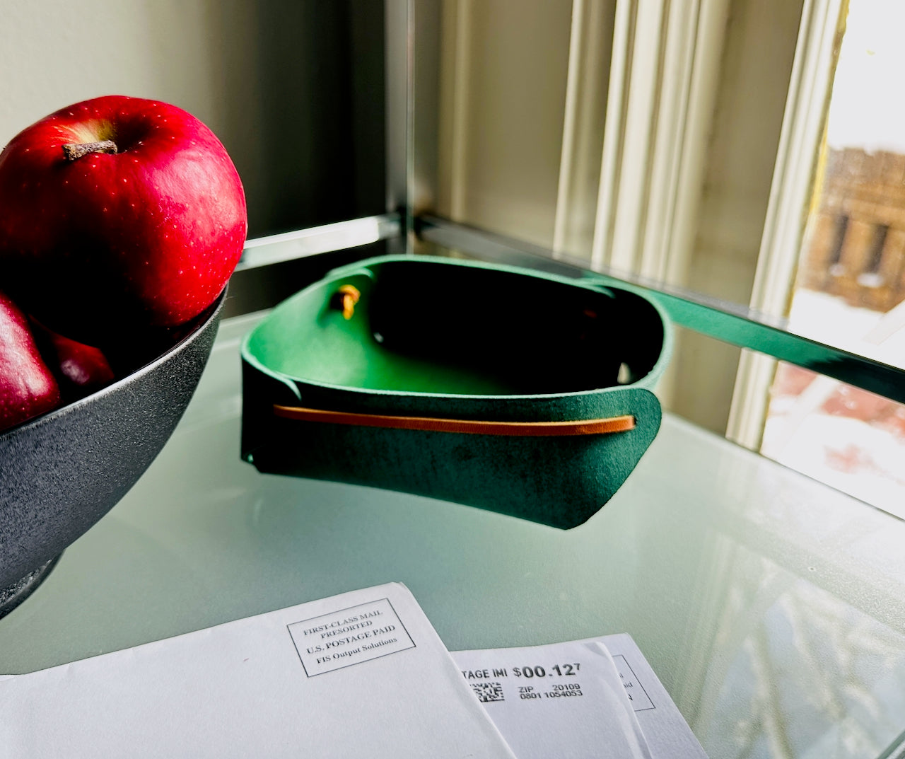 Large Leather Valet Trinket Tray with Cording