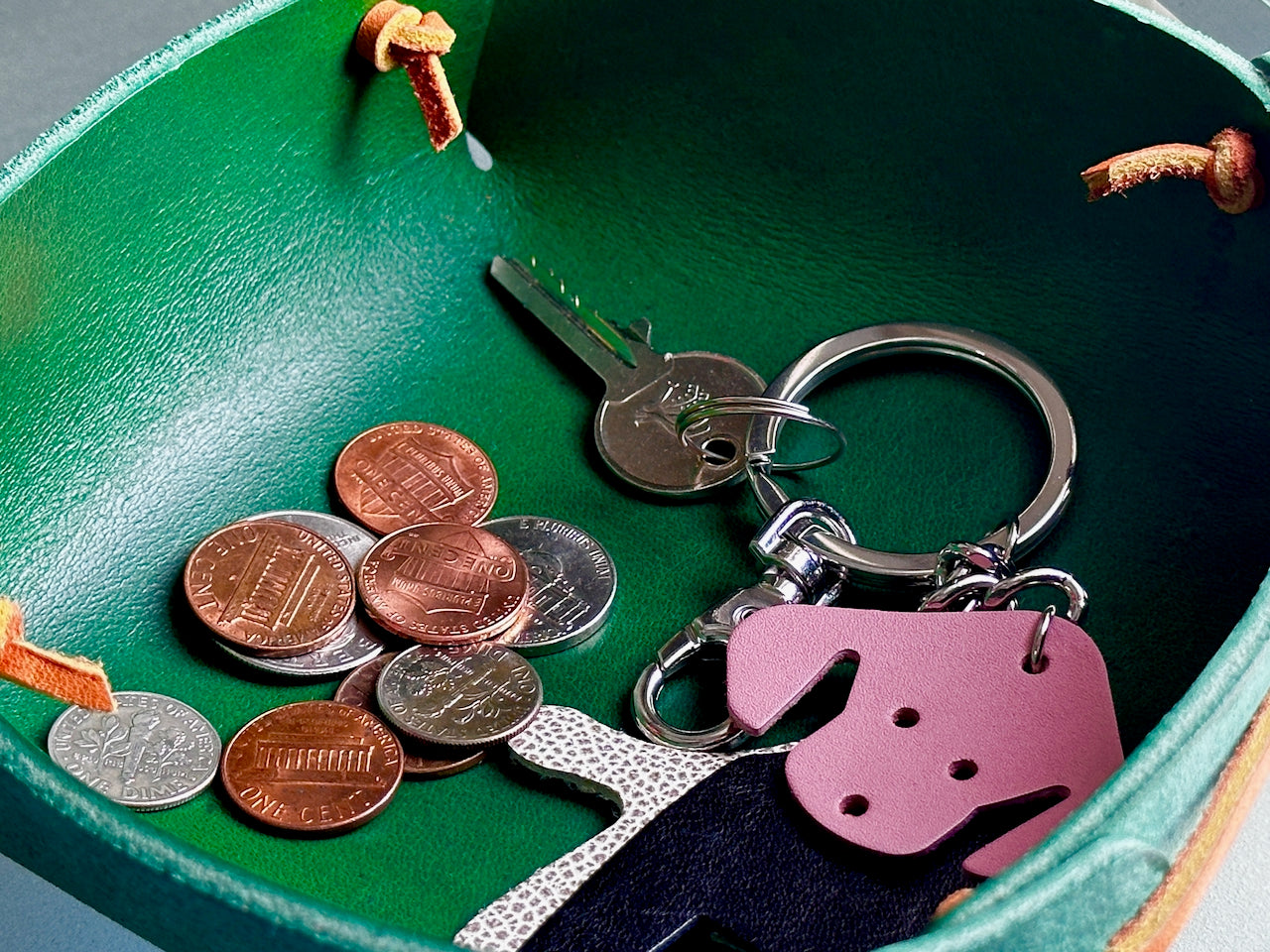 Large Leather Valet Trinket Tray with Cording