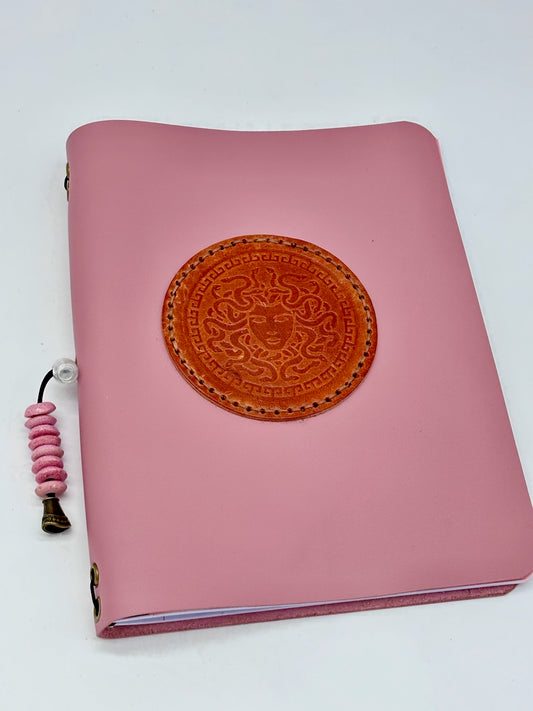 Pink Leather Journal Front Cover with Embossed Brown Leather Medusa Medallion