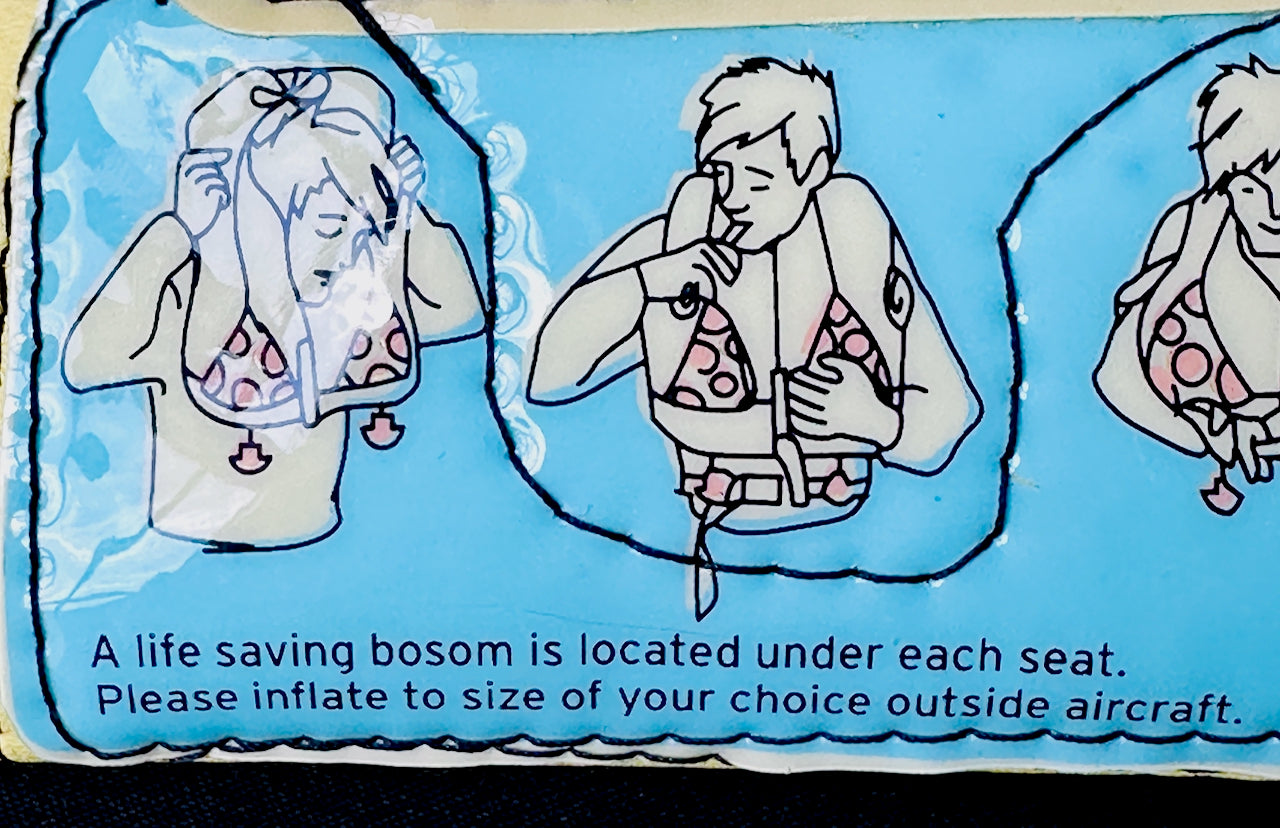 Comic-style safety instruction card with illustrations of people inflating life vests.