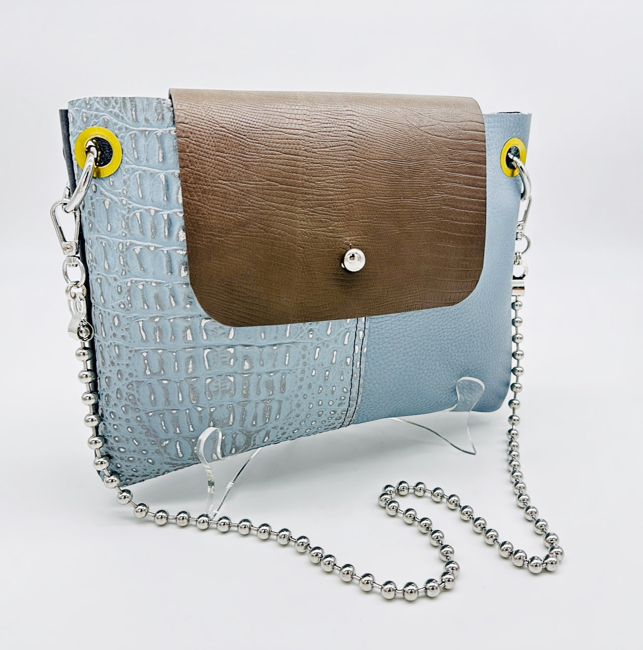 handmade leather purse in blue and gray leather