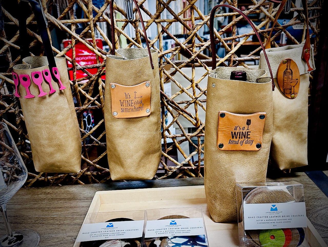 Leather Wine Bottle Carrier - "It's A Wine Kind of Day"