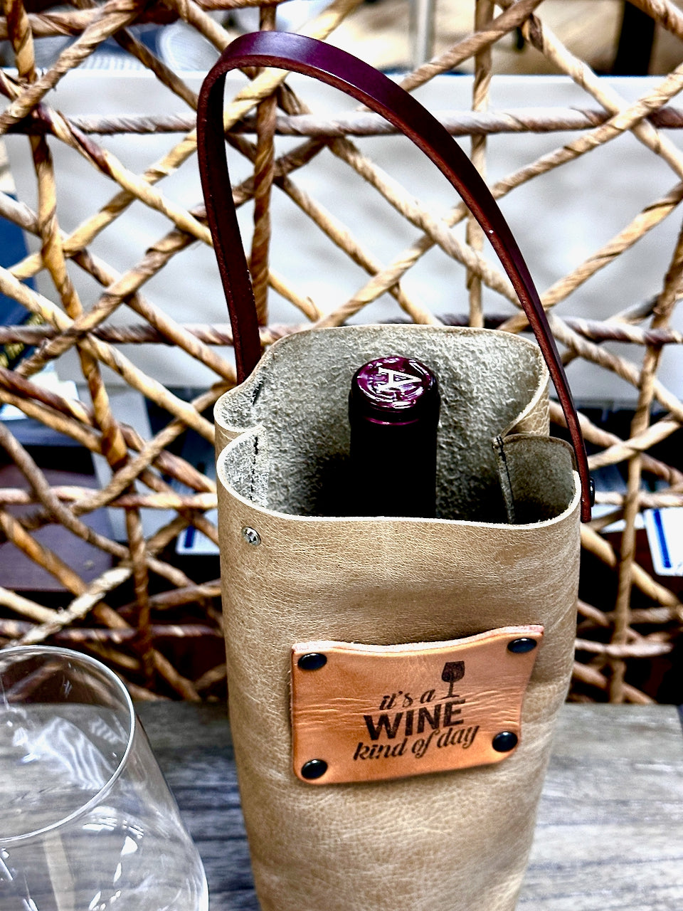 Leather Wine Bottle Carrier - "It's A Wine Kind of Day"