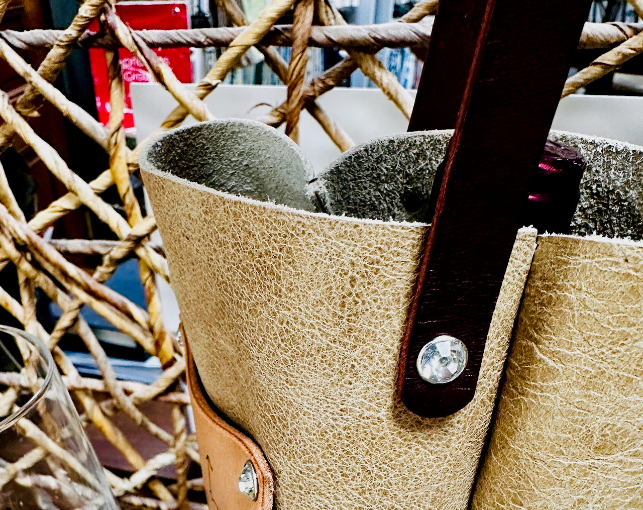 rhinestone rivet on wine bottle carrier strap