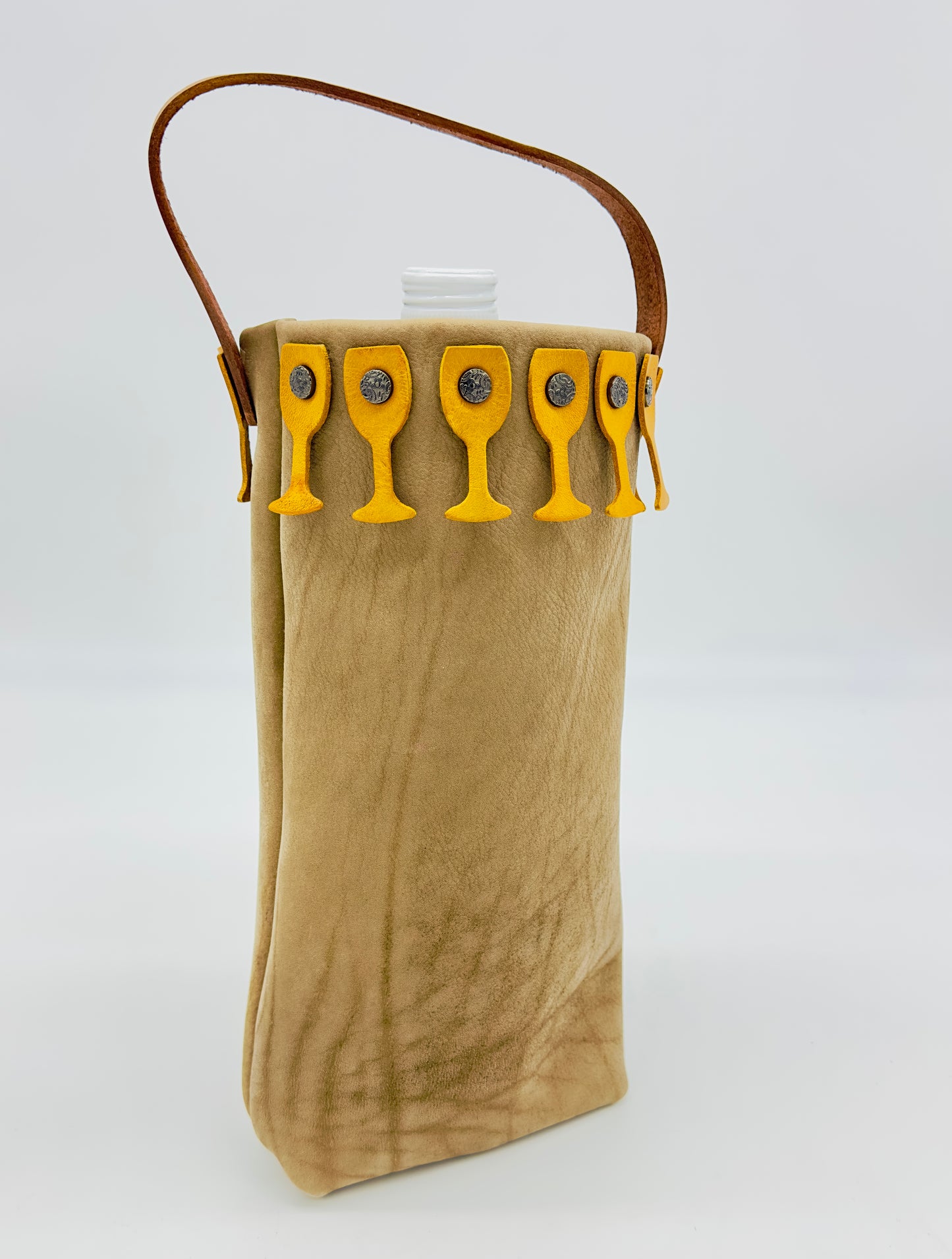 Beige wine bag with yellow wine glass charms on a white background