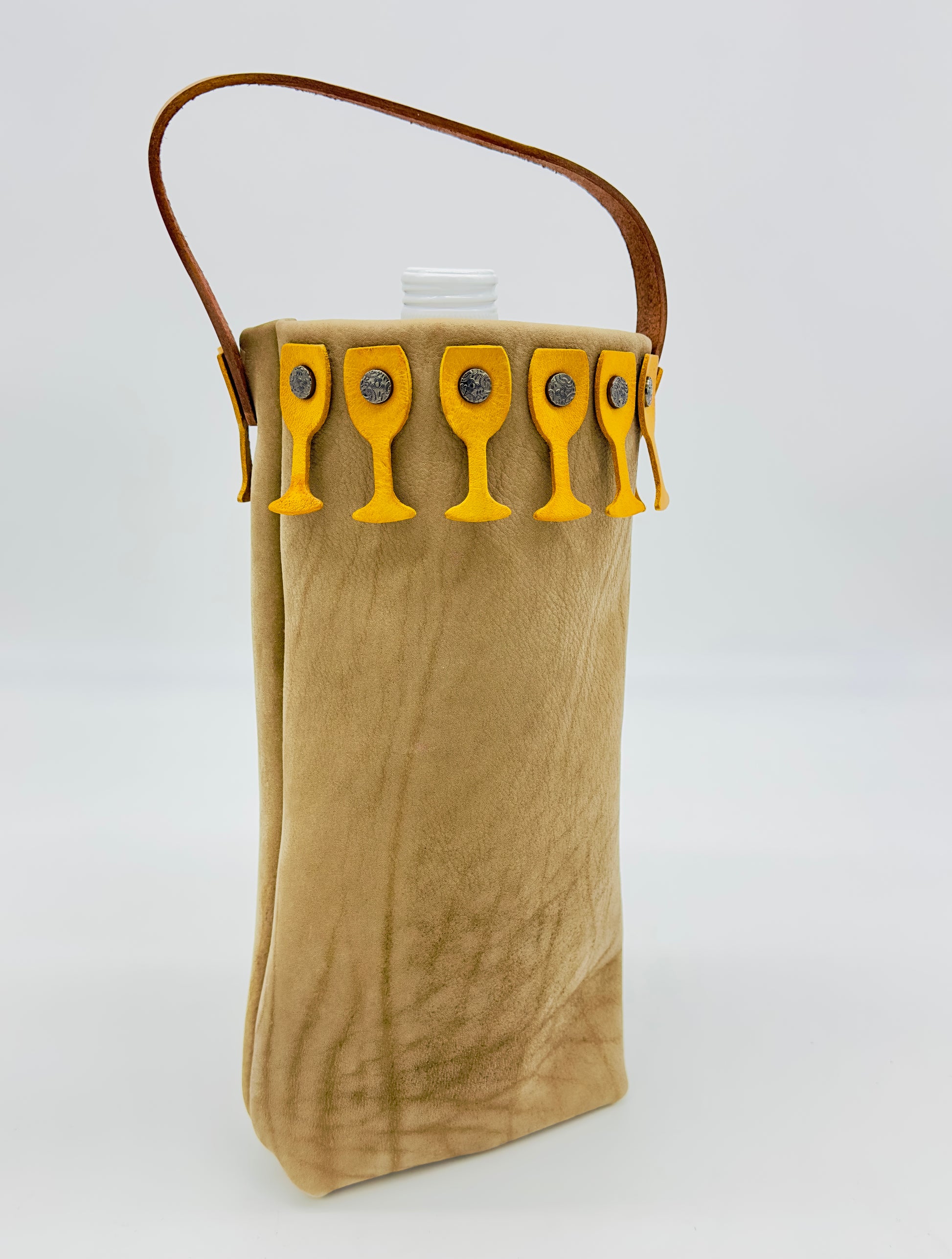 Beige wine bag with yellow wine glass charms on a white background