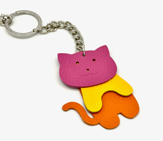 cat key chain made from pink, yellow and orange leather